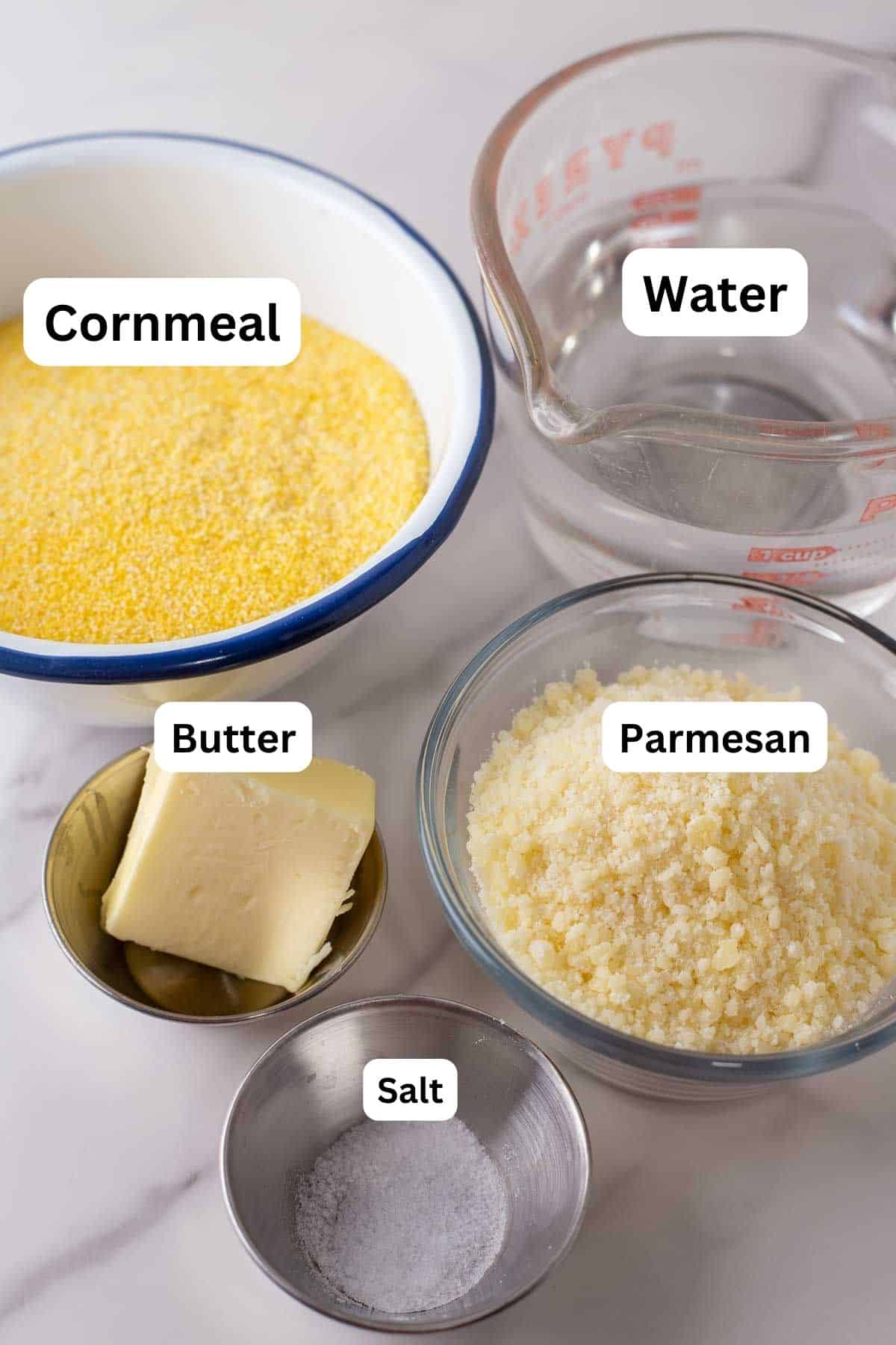 Tall image showing labeled ingredients for polenta.