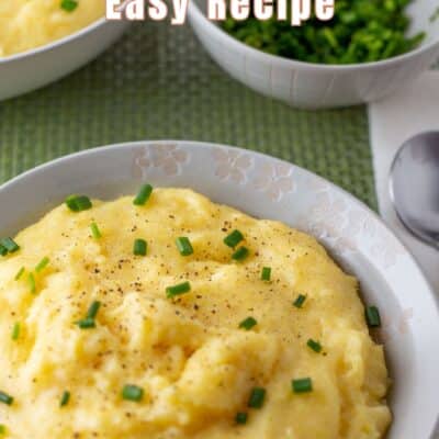 Pin image with text of polenta in a white bowl.