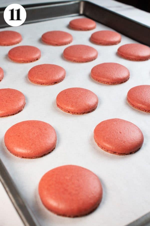 Red velvet macarons process photo 11 baked macaron shells on the parchment paper-lined baking sheet.