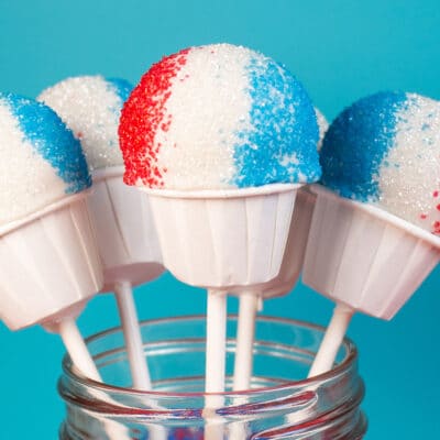 Best homemade snocone cake cops in red white and blue gathered in a jar.