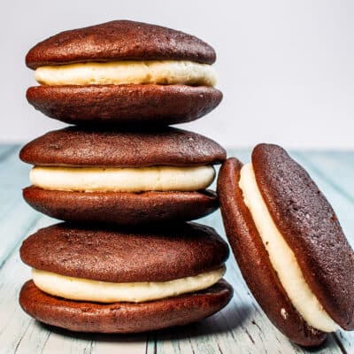 Classic whoopie pies made with chocolate cakes and marshmallow cream filling.