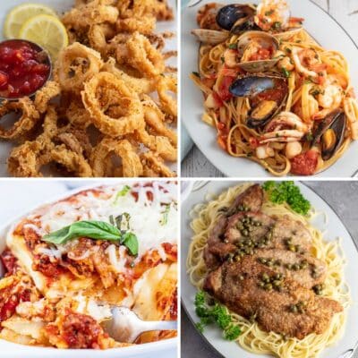 Best Italian recipes collage square featuring four tasty dishes like lasagna and fried calamari.