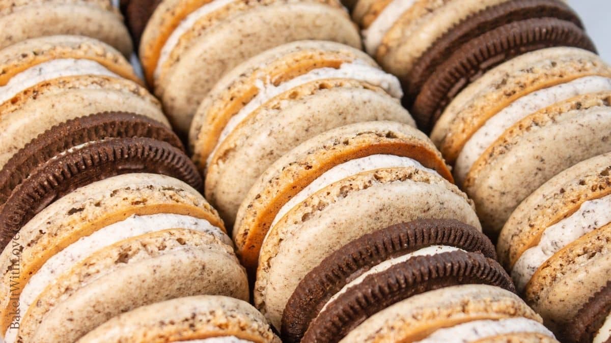 Closeup image of the macarons lined up with Oreo cookies at intervals between them.