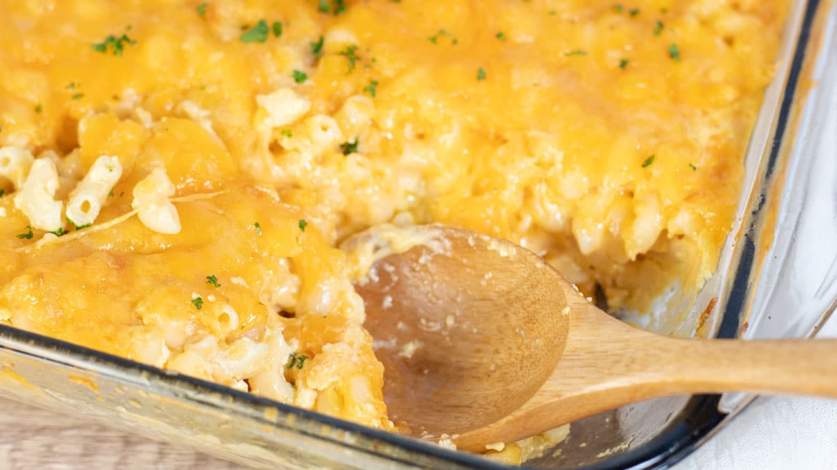 Wide image of Cracker Barrel mac and cheese in the glass baking dish.