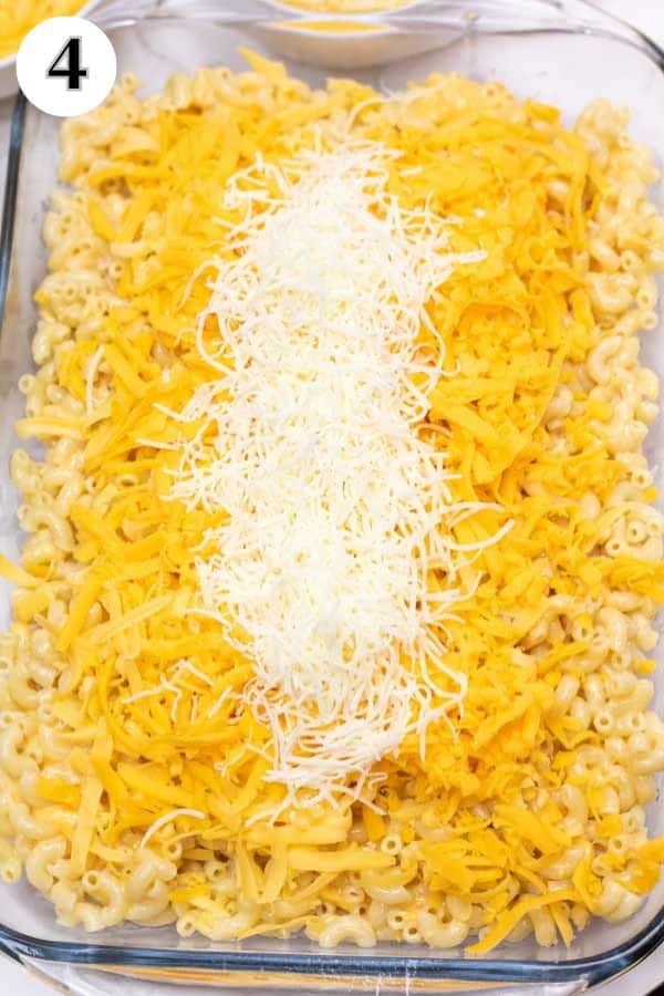 Process image 4 showing added cheeses and macaroni in baking dish.