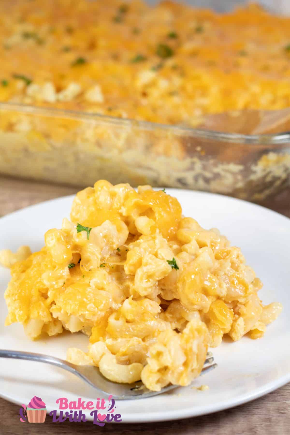 Tall image of Cracker Barrel mac and cheese on a white plate.