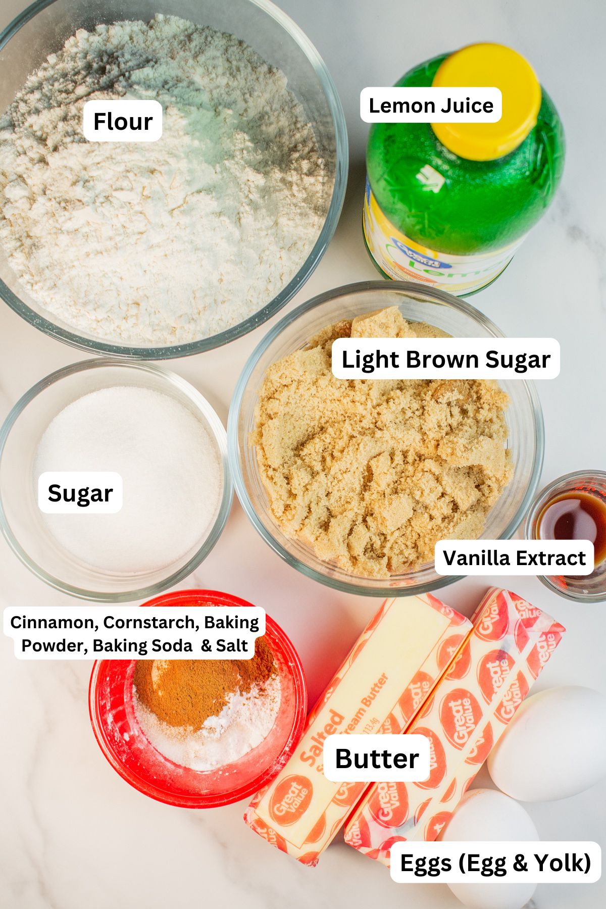 CRUMBL churro cookies recipe ingredients measured out and labeled for the cookie and cinnamon sugar coating.