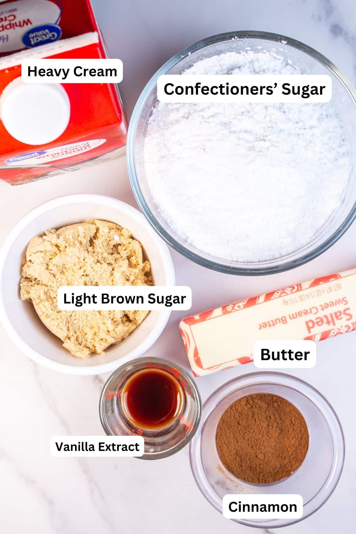 CRUMBL churro cookies recipe ingredients for the cinnamon buttercream frosting with labels.