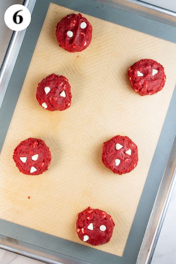 CRUMBL red velvet white chocolate chip cookies process photo 6 portioned cookie dough ready to bake.