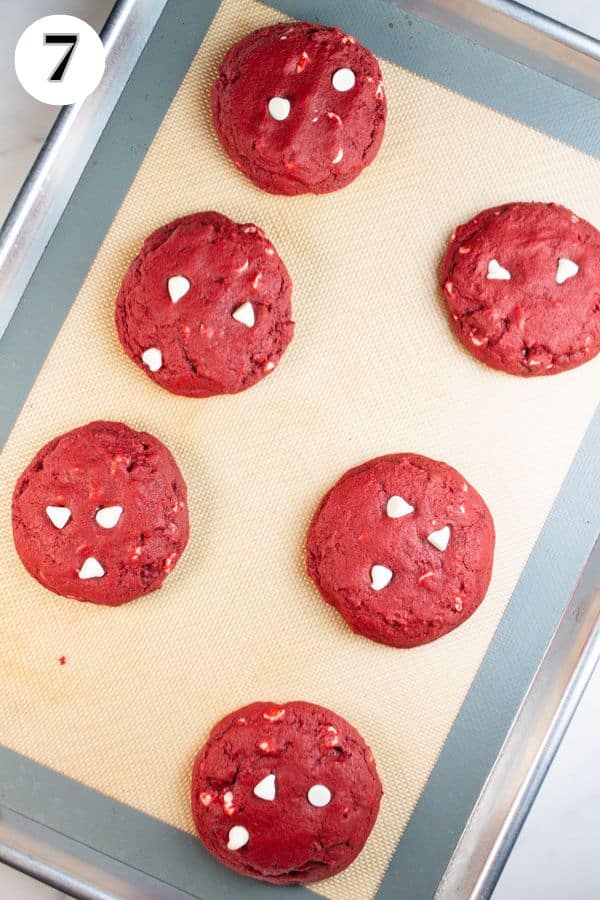 CRUMBL red velvet white chocolate chip cookies process photo 7 just baked cookies right out of the oven and cooling.