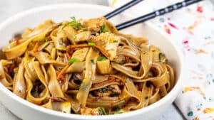 Wide image showing drunken noodles.