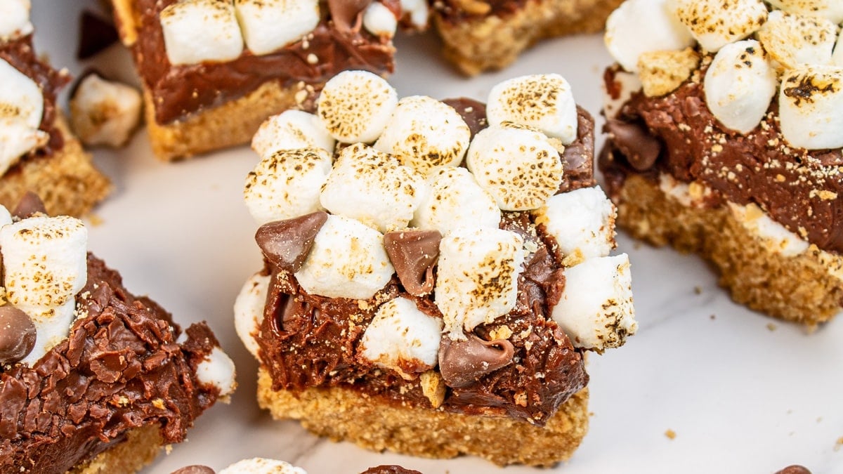 Wide angle of the squares of s'mores fudge on white background.