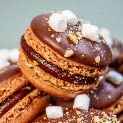 Best s'mores macarons stacked and focused on a top one with sprinkled graham cracker crumbles and mini marshmallow bits on the top chocolate coated shell.