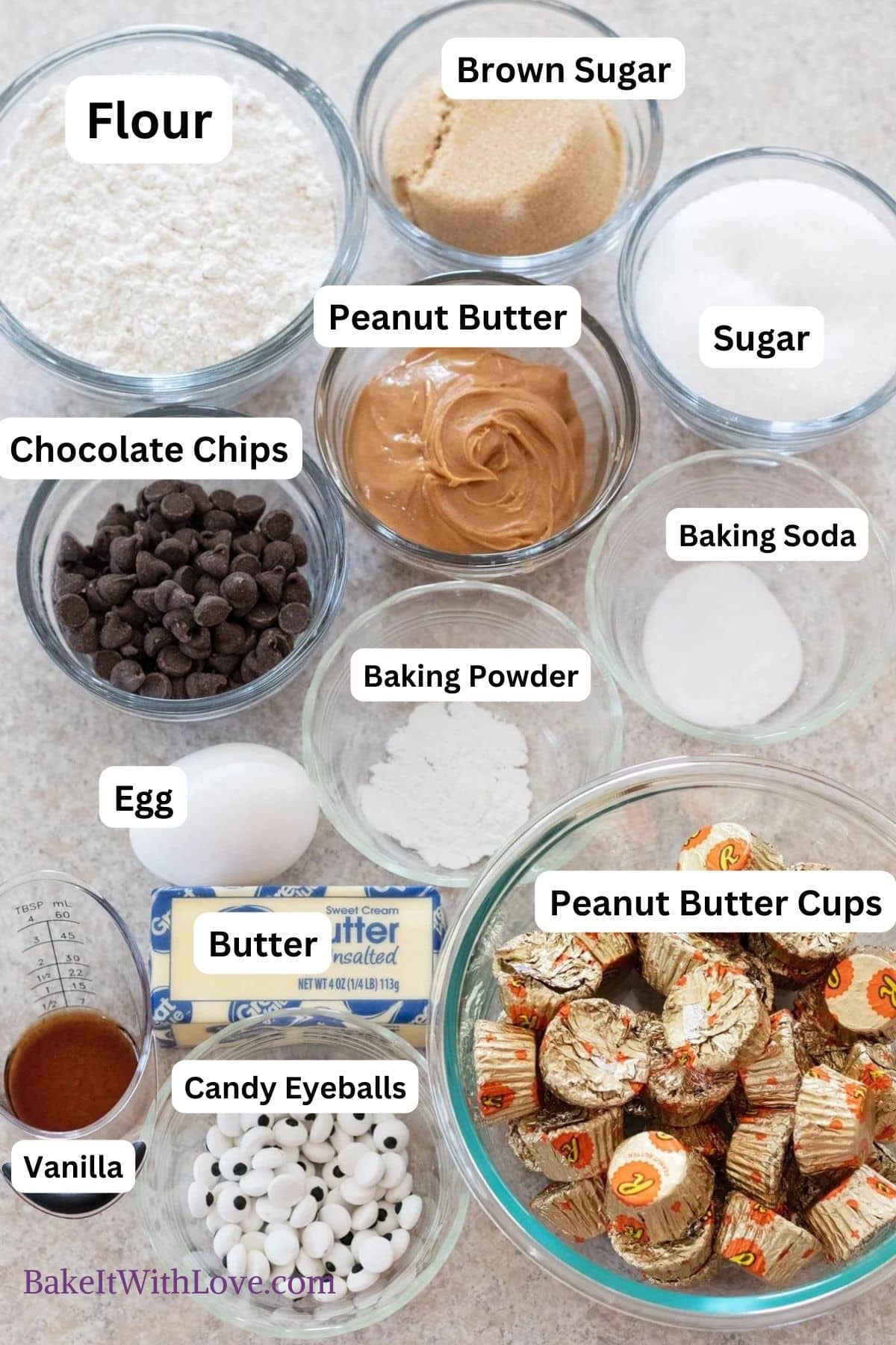 Tall image showing ingredients with labels needed for Halloween peanut butter spider cookies.