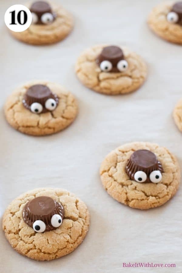 Halloween peanut butter cup spider cookies process photo 10 add the candy eyes while the chocolate is warm.