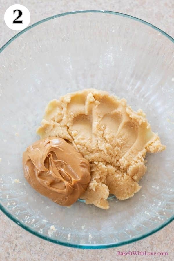 Halloween peanut butter cup spider cookies process photo 2 add creamy peanut butter to creamed butter and sugars.