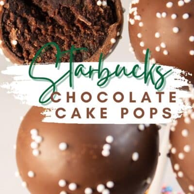 Starbucks chocolate cake pops recipe pin with a closeup image of the cake pops and text title overlay.