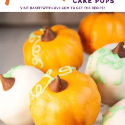 Best homemade Halloween pumpkin cake pops recipe pin with image of white and orange pumpkins and text header.