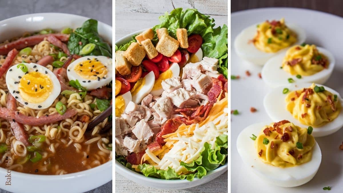 A trio collage with three side-by-side images of leftover heard boiled egg recipes like deviled eggs, ramen, and chef salad.