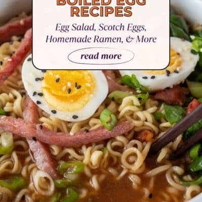 Best leftover hard boiled eggs recipe roundup pin featuring tasty ramen with leftover ham and eggs.