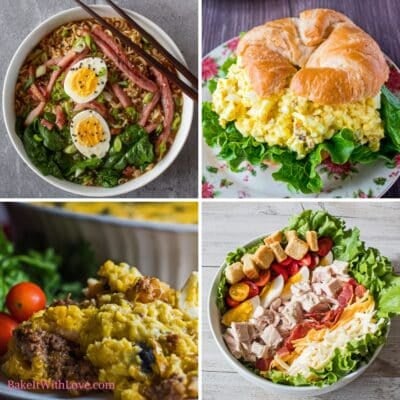 Square collage image featuring 4 tasty recipes using leftover hard boiled eggs.