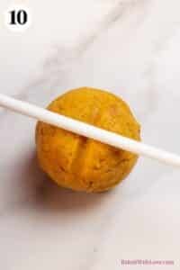 Pumpkin cake pops process photo 10 use a treat stick to make lines or indents across the dough ball.