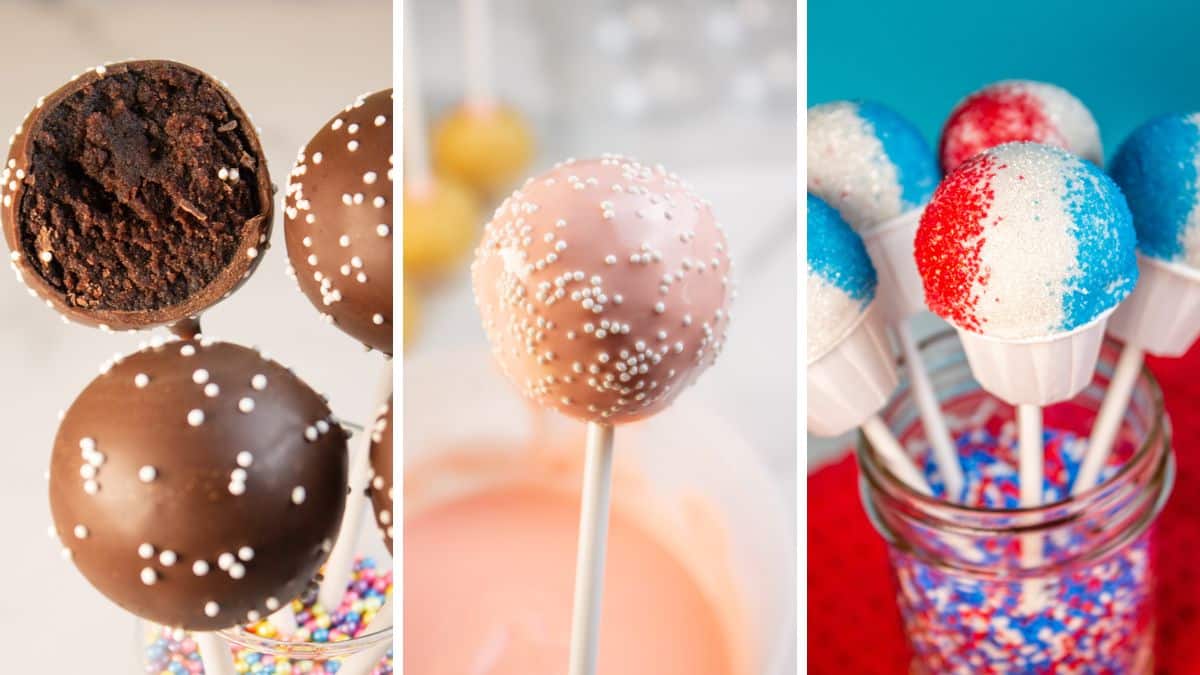 Trio collage image with three tasty versions of cake pops - chocolate, birthday cake, and sno-cone.