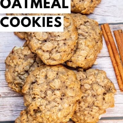 Apple oatmeal cookies pin with baked cookies on a wooden background with text title overlay.