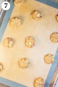 Apple oatmeal cookies process image 7 showing the dough portioned into balls on the baking sheet.