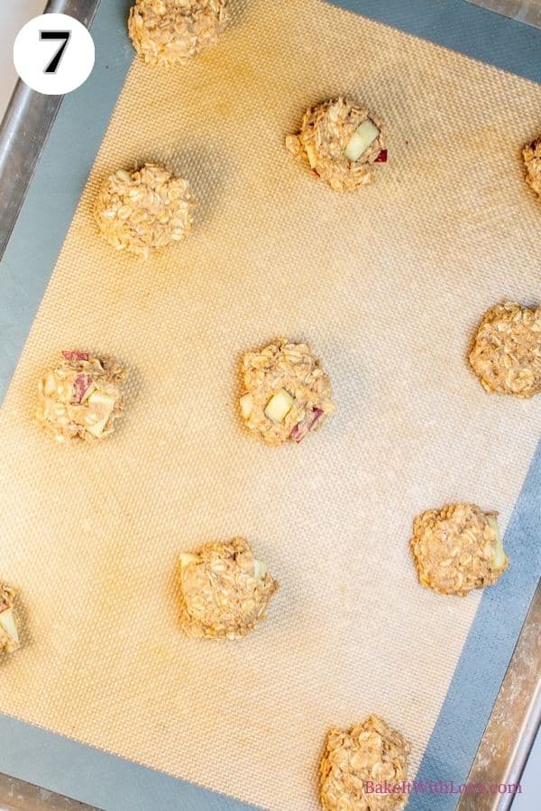 Apple oatmeal cookies process image 7 showing the dough portioned into balls on the baking sheet.