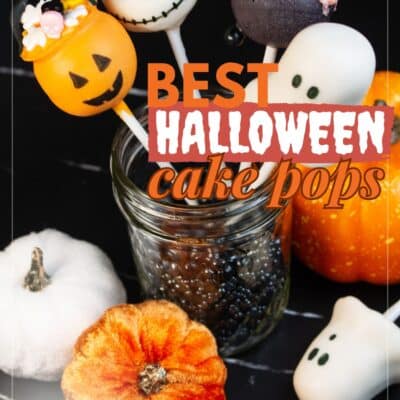 Best Halloween cake pops recipe pin featuring 4 cute cake pops and text title overlay.