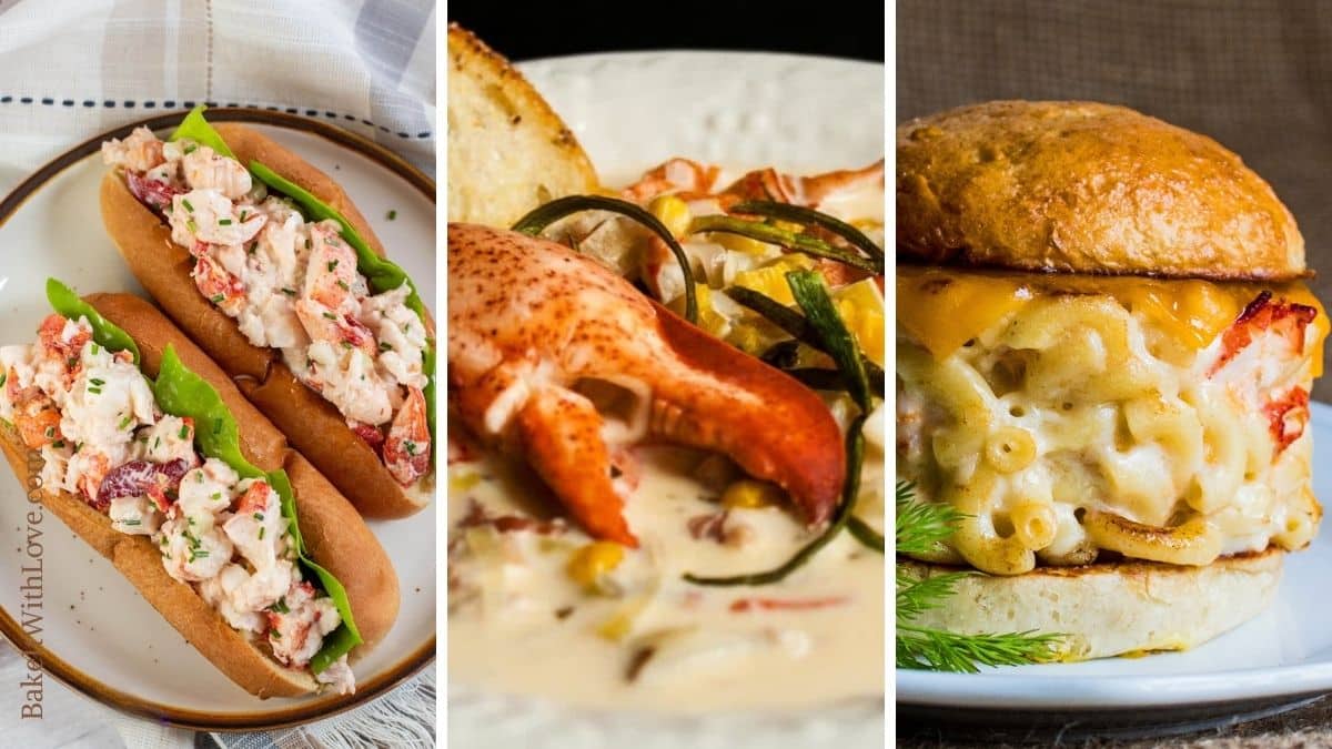 A wide collage with three images showing New England lobster rolls, lobster chowder, and a lobster mac and cheese burger.