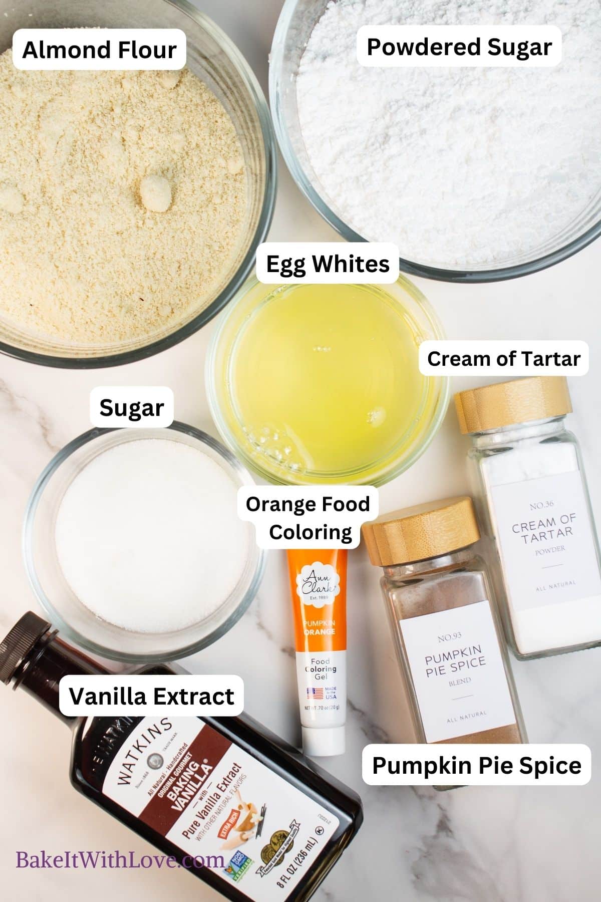 Tall image showing pumpkin spice macaron shell ingredients with ingredients.