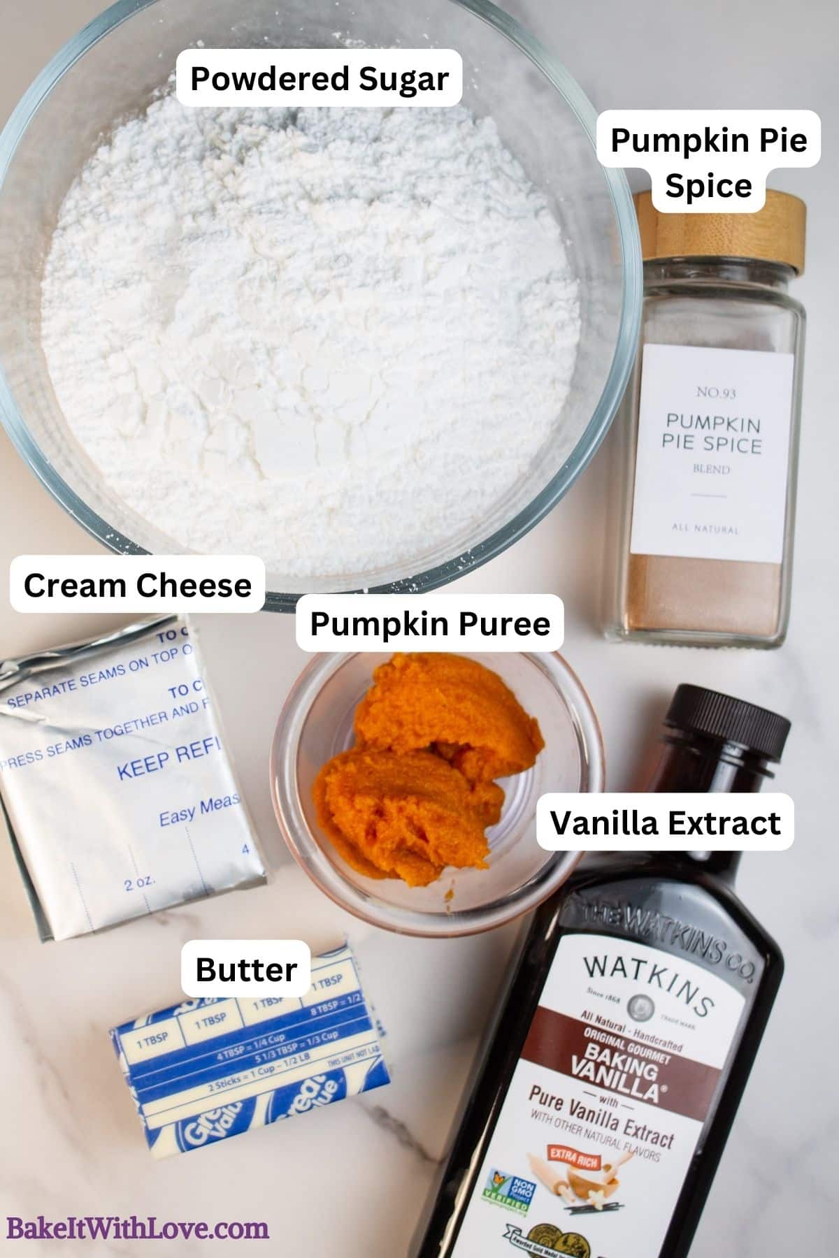 Tall image showing pumpkin cream cheese frosting ingredients with labels.