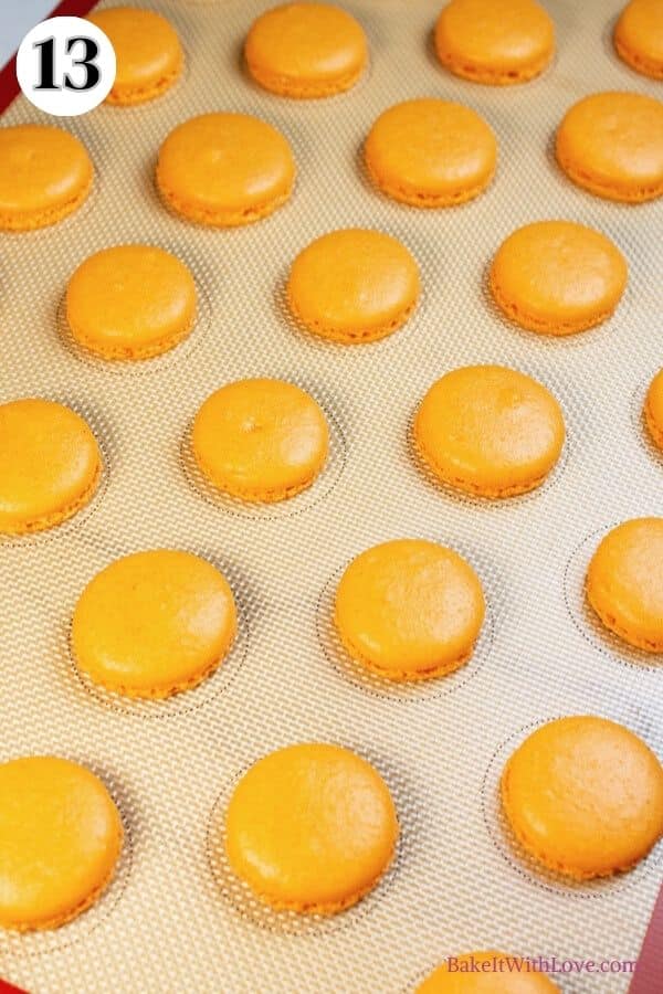 Pumpkin spice macarons process photo 13 Remove the baking sheets from the oven and let the macarons cool completely before removing them from the sheet.