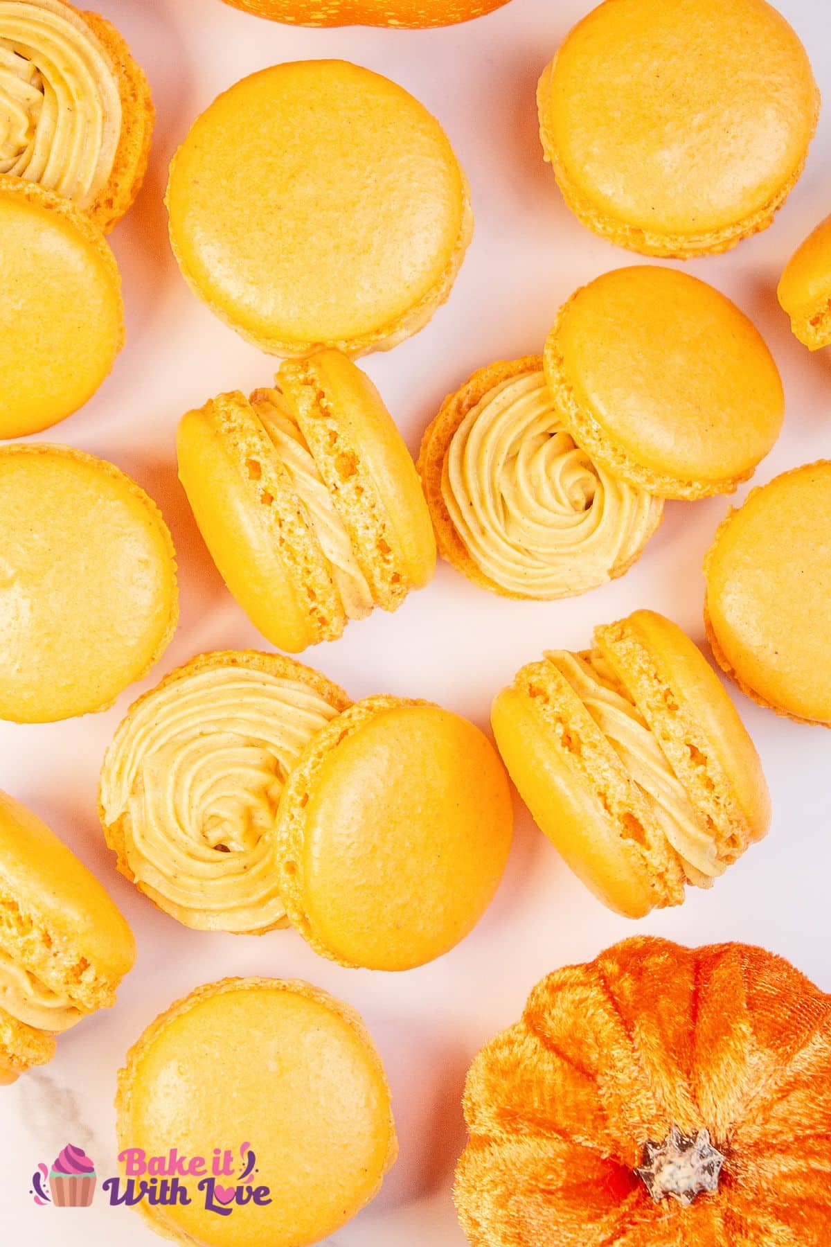 Tall image showing pumpkin spice macarons.