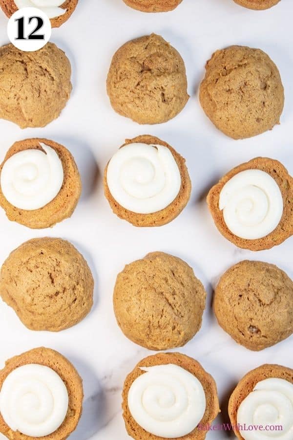 Pumpkin whoopie pies process photo 12 piping the cream cheese frosting onto whoopie pies to add the filling.