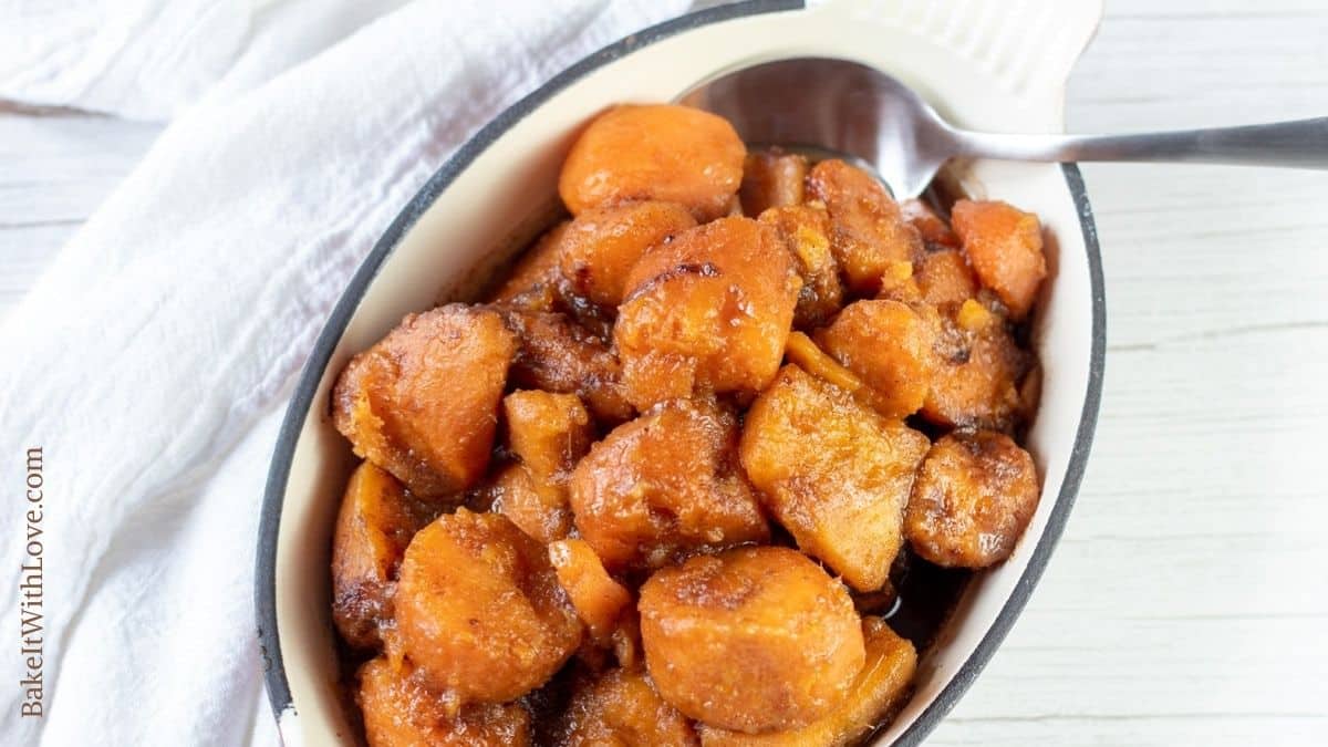 Wide image of slow cooker candied yams.