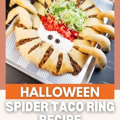 Best spider taco crescent roll ring recipe pin with an image of the assembled spider and text title.