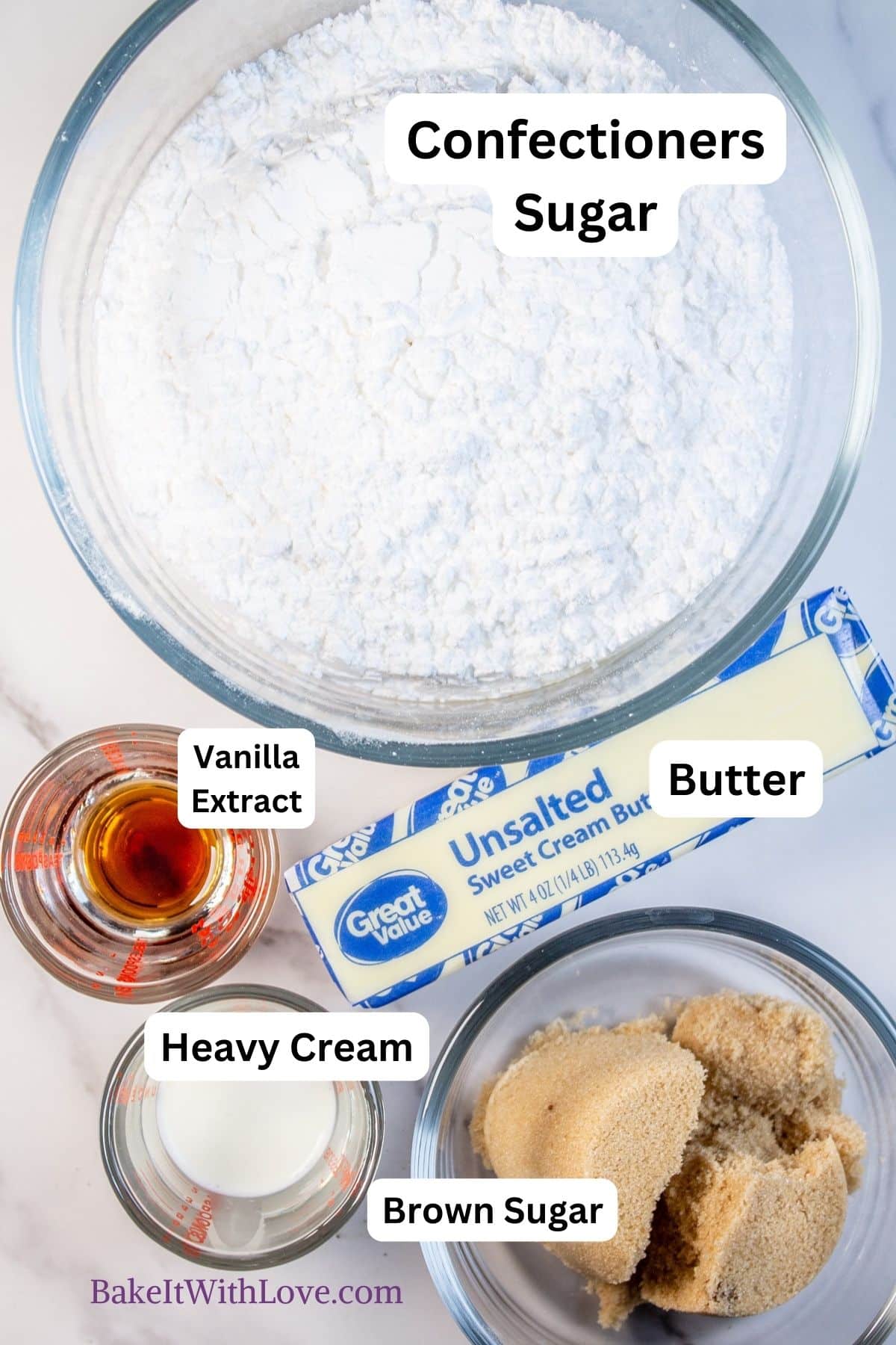 Image of ingredients for brown sugar buttercream with labels.