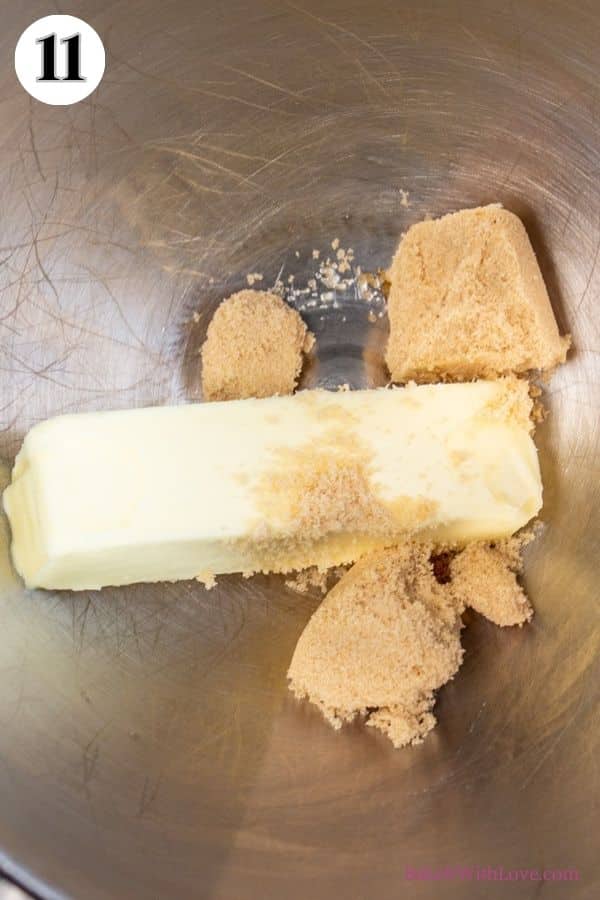 Apple cider whoopie pies process photo 11 showing butter and brown sugar in a mixing bowl.