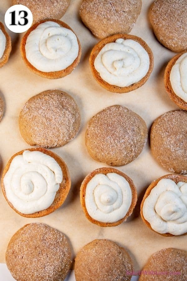 Apple cider whoopie pies process photo 13 showing whoopie pie cakes with frosting.