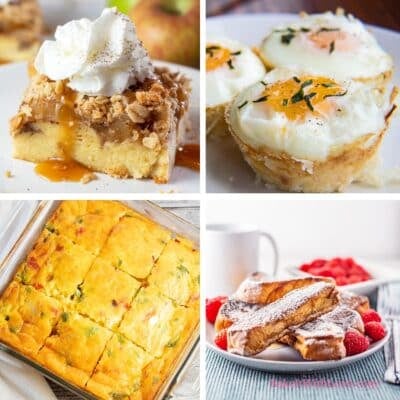 A square collage showing apple pie French toast casserole, hash brown egg cups, a baked denver omelet, and homemade French toast sticks.