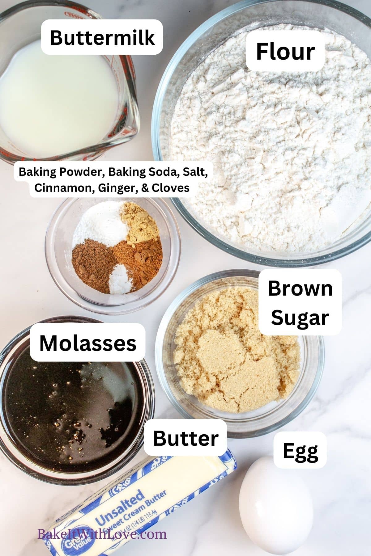 Image showing gingerbread whoopie pie cake ingredients that are measured out with labels.