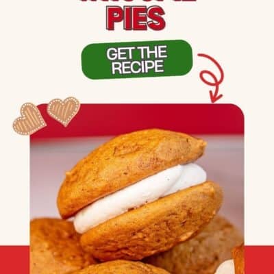 Gingerbread whoopie pies pin with text and an image of a whoopie pie from a sideview.