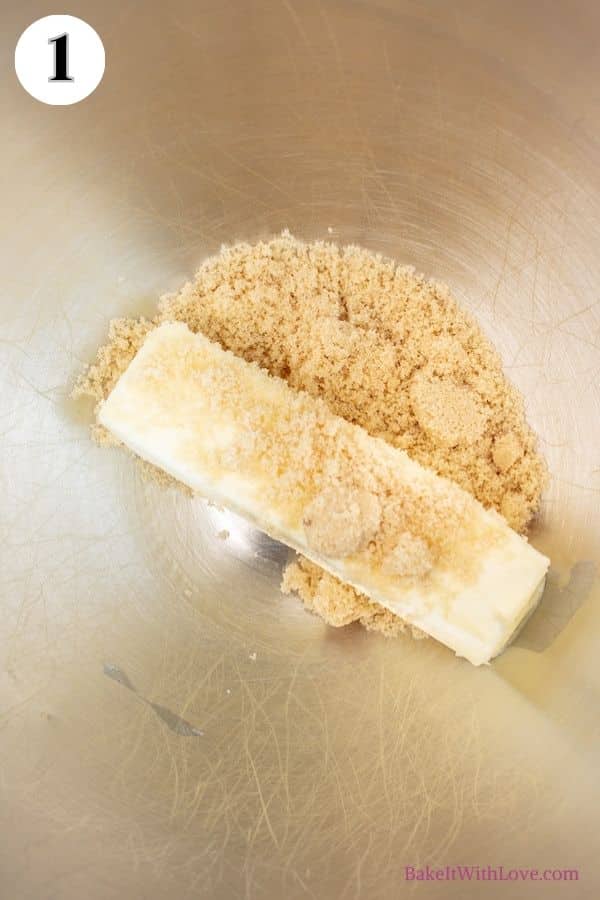 Gingerbread whoopie pies process photo 1 showing butter and brown sugar in a mixing bowl.