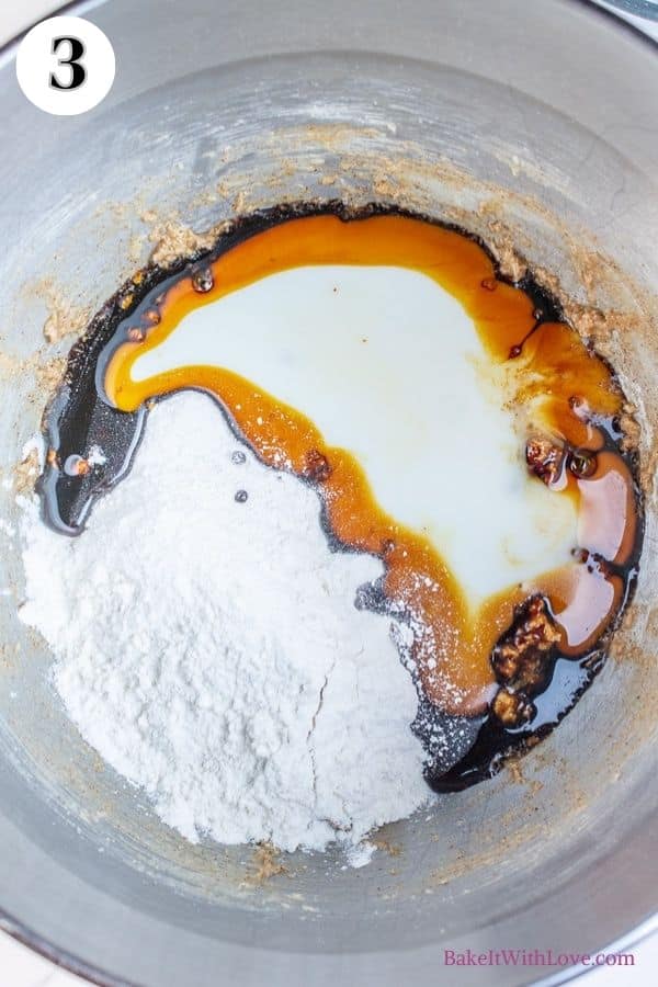 Gingerbread whoopie pies process photo 3 showing the added flour, buttermilk, and molasses in the mixing bowl.