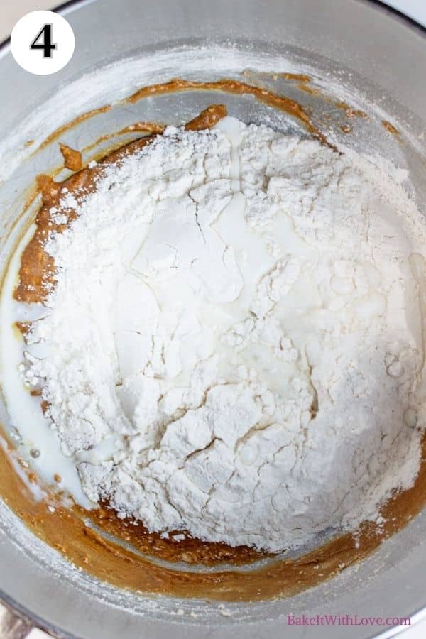 Gingerbread whoopie pies process photo 4 showing the remaining flour and buttermilk in the mixing bowl with the dough.