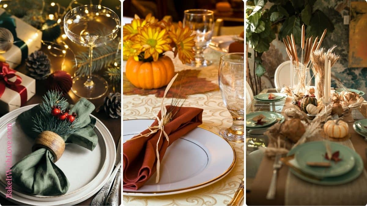 Wide image showing a collage of three images of place settings and table decor.