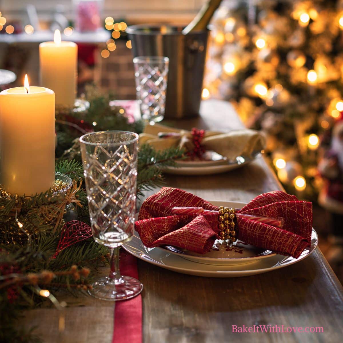 How to create a tablescape square image showing a place setting with plates, napkin, glasses, and candles.